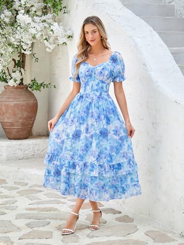 Image of Scarlet Darkness Women Floral Maxi Dress Puff Sleeve Tea Party Corset Dress | Pockets, Ruched Bust, Ruffled Hem, for Cottagecore Fairy Milkmaid Vacation