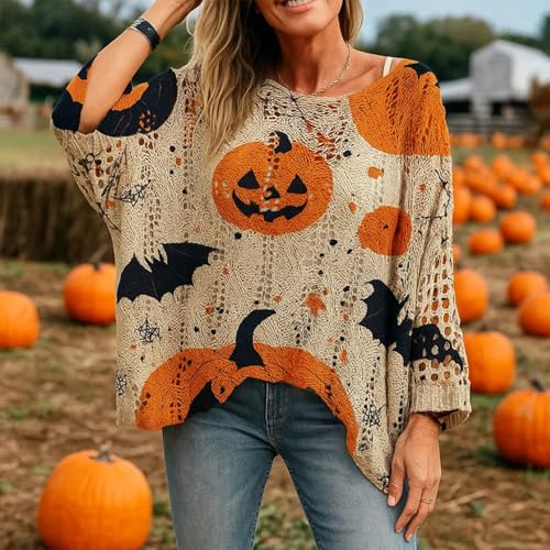 Halloween Pumpkin Knit Sweater, Womens Pumpkin Chunky Crochet Hooded Sweaters, Oversized Bat Cozy Fall Pullover Sweatshirts4