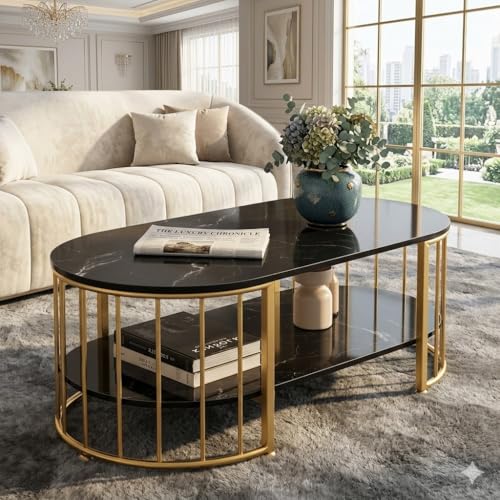 Image of Shoppee Rectangular Coffee Table Modern 2-Tier Center Table with Marble Finish Top Gold Metal Frame Stylish Sofa Table Elegant Cocktail for Living Room /Drawing /Dining Room (Black & Gold)
