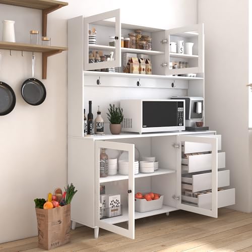 Image of 63 inch White Kitchen Hutch Cabinet with Microwave Shelf Tabletop, Large Freestanding Pantry Cupboard 4 Doors 4 Drawers Storage Sideboard Buffet
