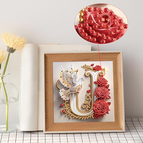 Image of AiYuanzsh 5D Diamond Art Kits for Adults Letter U, Unique Red Rose & Dove Alphabet Diamond Painting Kit, Luxury Special Shape Diamond Art for Adults DIY Crystal Rhinestones Craft Wall Decor 17x17cm