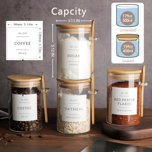 Image of CZZGSM Glass Jar with Bamboo Lid and Spoon - 4 Pcs 17 oz Sugar Container with 132 Food Pantry Labels - Glass Containers with Wooden Lids Hold Coffee, Tea, Candy