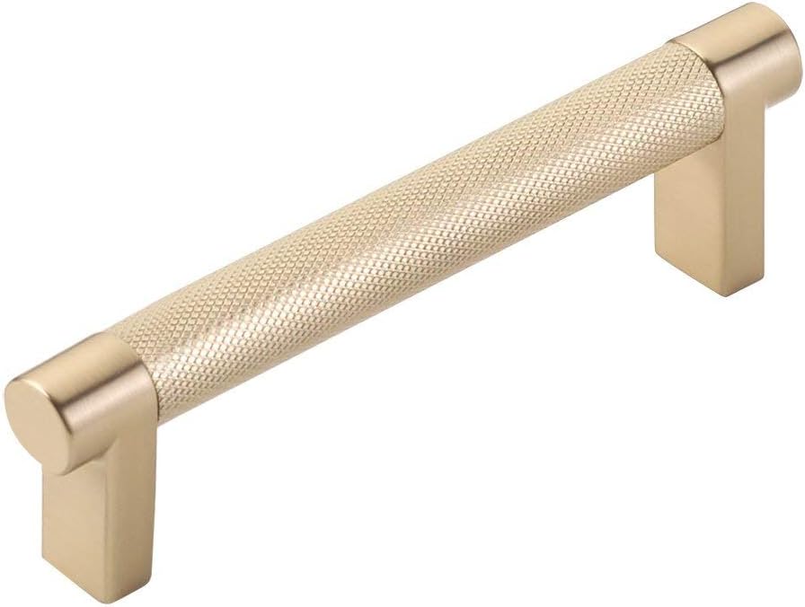 Emtek Select Knurled Cabinet Pull with Satin Brass (US4) Stem Finish - Choice of Size - 84053.RECUS4.KNUS4 - Center-to-Center: 4"