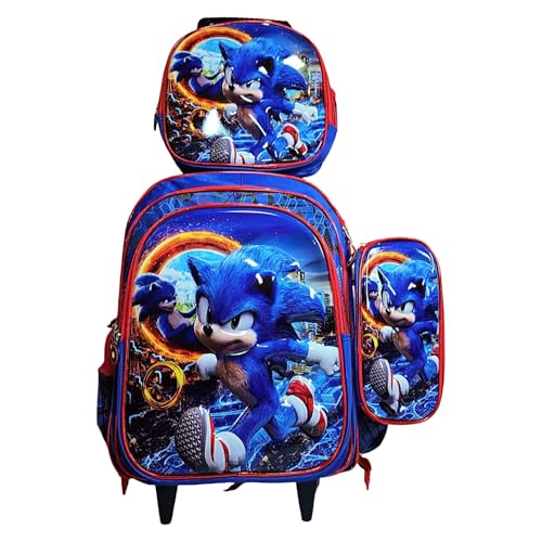 Mochila Infantil Sonic The Hedgehog com Lancheira, Conjunto Escolar com Rodinhas Mochila Meninos