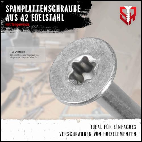 Spanplattenschrauben Edelstahl A2-4x65 mm, 100 Stück mit Teilgewinde, rostfrei, Torx, Senkkopf, ETA Zulassung, Edelstahlschrauben TX20