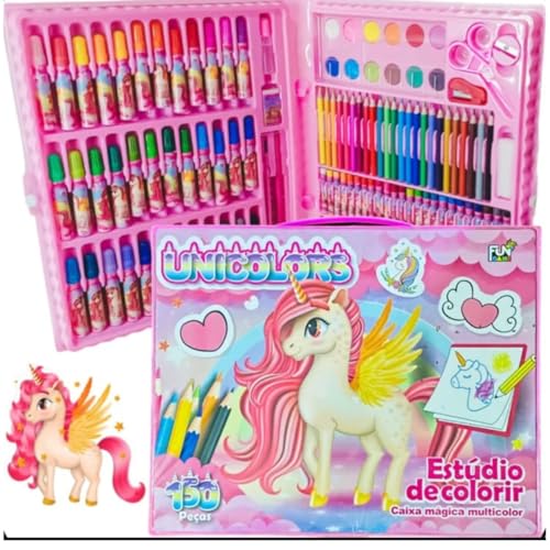 Kit Artístico Infantil Unicórnio, 150 Peças, Estojo Rosa com Lápis, Canetinhas e Aquarela