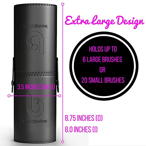 Makeup Brush Holder Organizer Case - Beauty Junkees Large Black Vegan Leather Round Cylinder Tube, Organize Cosmetic Brushes on Vanity Countertop, Snap Cups Together for Travel, Modern, Cruelty Free