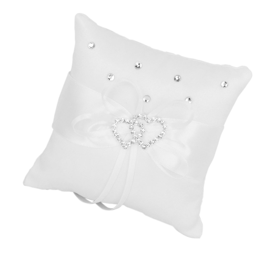 Générique Générique Cojín de Almohada Portador Anillo Alianza Doble corazón pedrería, 10 x 10 cm, Color Blanco