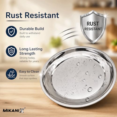 Image of MIKANIX Stainless Steel Dinner Plates | Heavy Duty Steel Thali | Food Grade, Rust Resistant, Durable Dinner Plates | Round Serving Plates for Kitchen, Dining, Home Use (Pack of 4)