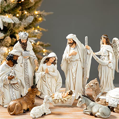 Image of Glitzhome 12Pcs Ivory Resin Nativity Figurines Set Christmas Nativity Sets Tabletop Scenes Ornaments Xmas Nativity Collectible Figurines Indoor Decor Miniatures Statues Figures10.00 inch x 26.00 inch
