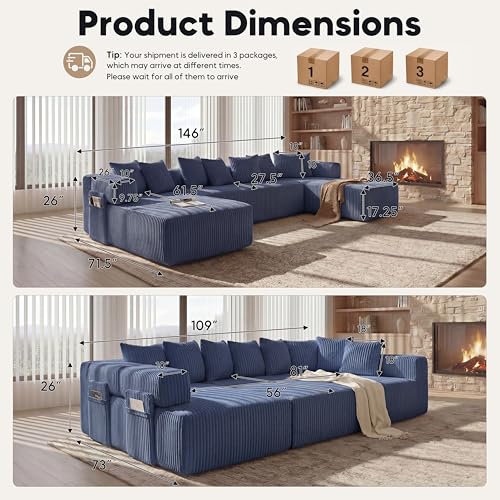 Image of Oversized Cloud Boneless Couch with Chaise, 146 inch Modern U Shape Modular Deep Seat Sectional Sofa, Comfy Corduroy Upholstered Couches for Living Room, No Assembly Required-Blue