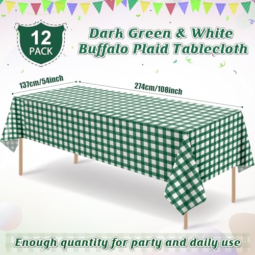 Image of 12Pack Dark Green Plastic Checkered Tablecloth, Premium Decorative Disposable Green Gingham Plaid Table Cloths for Parties, Rectangle Party Table Cover for Picnic Farm Birthday Wedding, 54x108 Inch