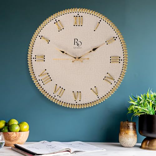 Image of Wooden Round Shape Roman Dial Wall Clock with Gold Zari Rope Detailing and Golden Hands | Silent Quartz Movement Anti Reflection Analog Vintage Clock for Office & Home (Ivory, 15.5 Inch)