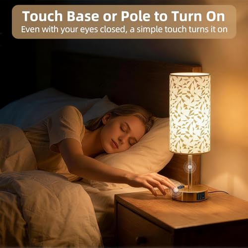 Image of Table Lamp, Dimmable Touch, AC Outlet, USB A+C (Triangle&Gold) | 3-Way Dimmable, Small Touch Lamp with Eye-Care LED Bulb, Ideal Bright Lighting Bedside Lamps for Nightstand, Bedroom, Reading