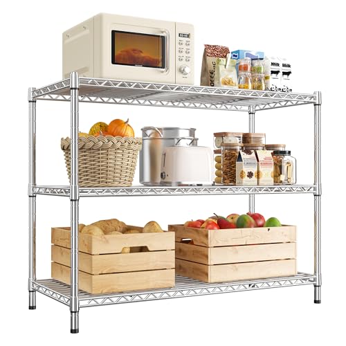 Image of 3- Shelf Metal Shelving Unit 35.6Wx14Dx36H,Adjustable Storage Shelves Heavy Duty Garage Steel Shelving for Office,Wire Rack Small Shelf for Kitchen Shelves Laundry Bathroom Pantry Closet,Chrome
