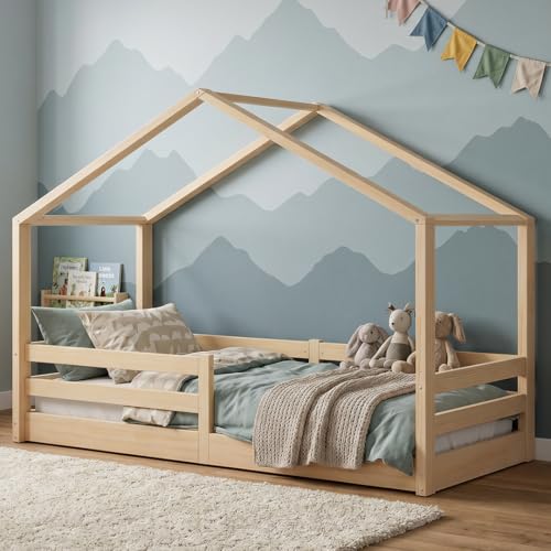 Bellabino Abia Hausbett Bodenbett 90x200 cm, Natur, aus Kiefer Massivholz