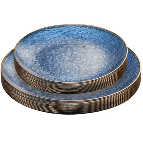PLASTICPRO 24 Pieces Elegant Plastic Plates for Party Blue with Gold Rim Includes 7