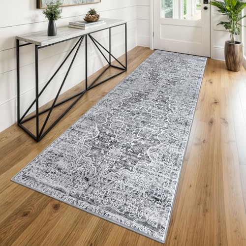 KUTA Vintage Washable Runner Rug, 2.6x8 Runners for Hallways Non-Slip Vintage Grey White Floral Kitchen Rugs Soft Printed Tribal Floor Carpet for Bedroom Living Room Nursery