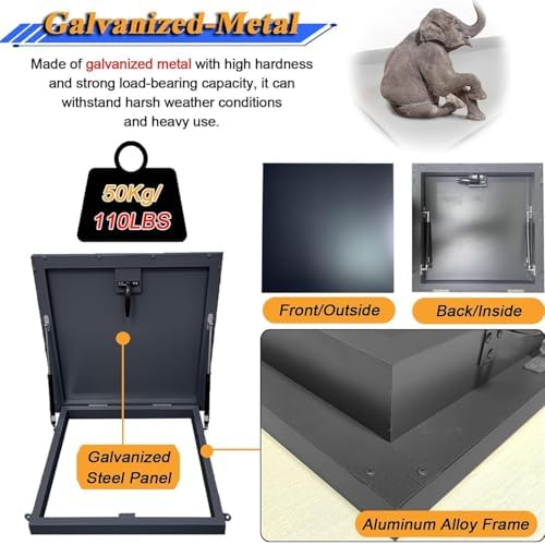 Galvanized Steel Roof Hatch with Gas Strut & Handle - Powder Coated Access Lid for Attic, Basement, Deck Installation - 55x55cm Durable Roof Window Access