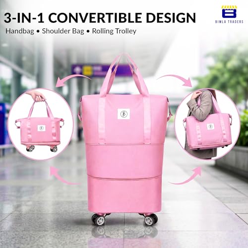 Image of Btag Travel Duffle Bag with Wheels | Convertible Handbag, Trolley & Shoulder Luggage for Clothes |Space-Saving Foldable Travel Companion |Expandable & Waterproof Traveling Bag for Unisex (Sakura Pink)