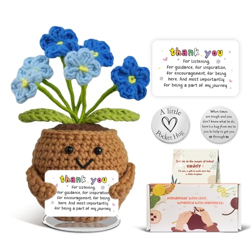 Pocket Hug Crochet Flowers - Positive Emotional Support Gift Thank You Gift Forget Me Not Decor for Home Office Knitted Flowers Gifts for Women Teacher Friend