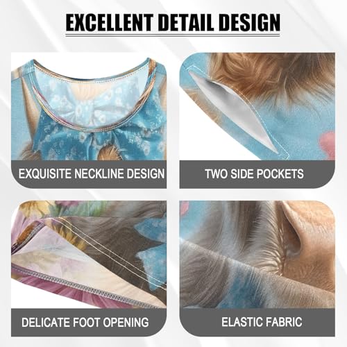 ALAZA Highland Cattle Flower Heart Pajamas Set Short Sleeve Cotton Sleepwear Summer Pjs 2 Piece 5-14Y4