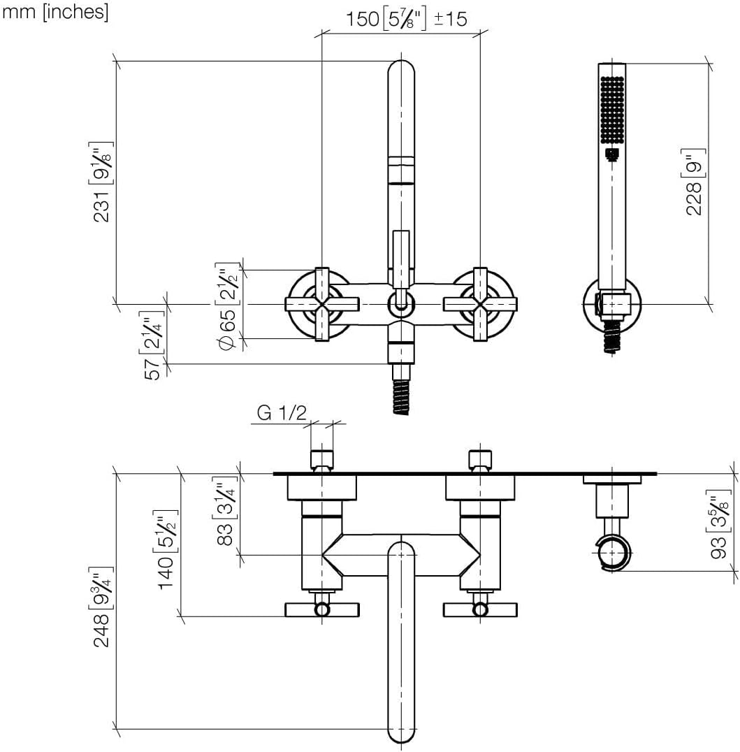 Dimensional drawing of Dornbracht 25133892-00 bath mixer with measurements in mm and inches