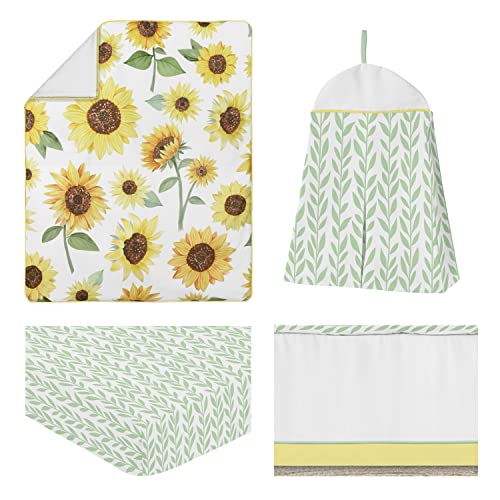 Image of Sweet Jojo Designs Yellow, Green and White Sunflower Boho Floral Baby Girl Nursery Crib Bedding Set - 4 Pieces - Farmhouse Watercolor Flower