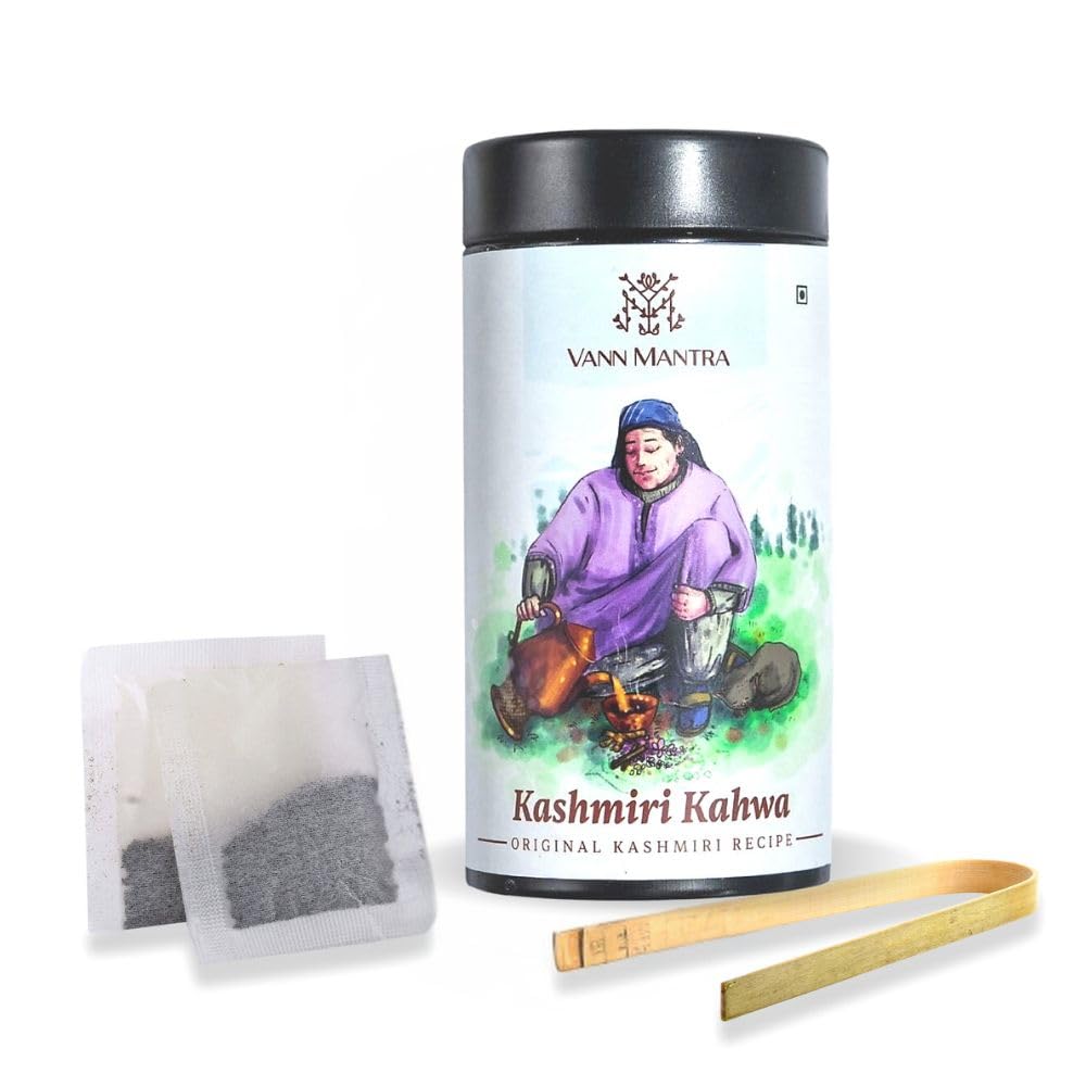 VANN MANTRA Herbal Kashmiri Kahwa with Bamboo Tong, Natural Blend with Saffron, Cinnamon Flavored Masala, Natural Organic Indian Kadha, Detox Healthy Tea for Refreshing Experience (25 Tea Bags Each)