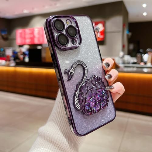 Coque iPhone 12 antichoc transparente avec paillettes liquides violettes et cygne strass 3D