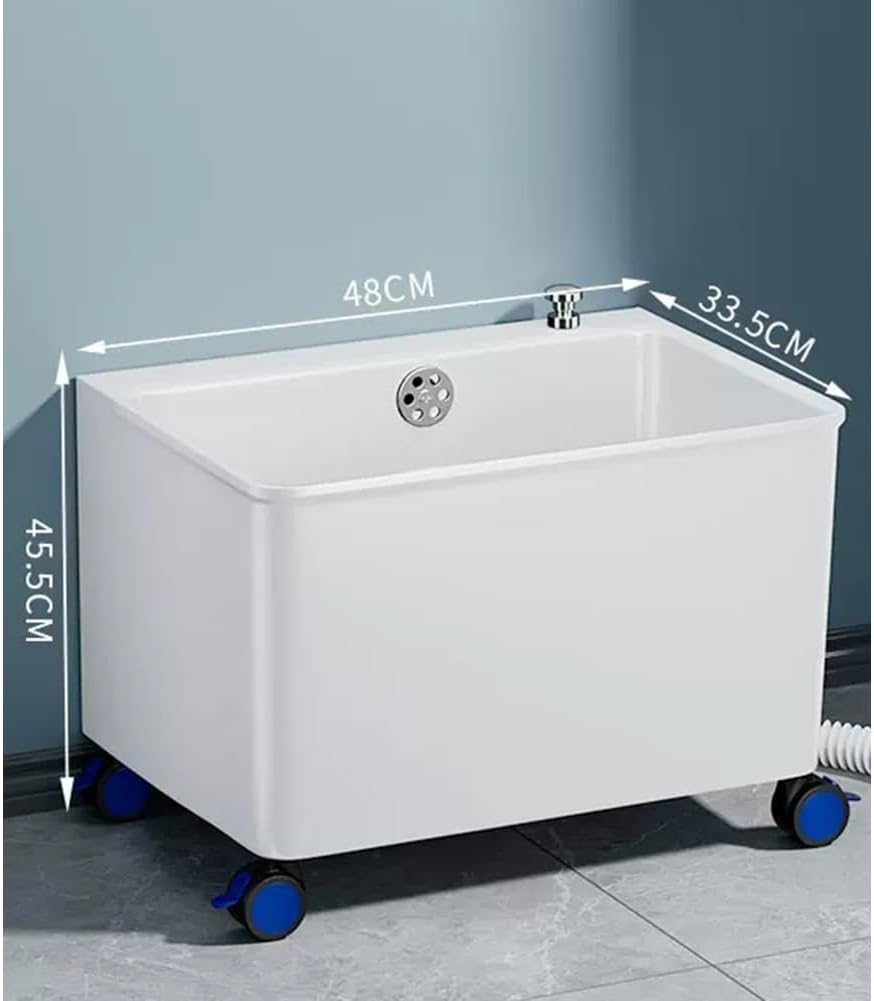 Large-Capacity Plastic Mop Sink, Deep Floor-Standing Laundry Tub with One-Click Drainage, Versatile Utility Sink for Home and Commercial Use (White, 48x33.5x39cm)