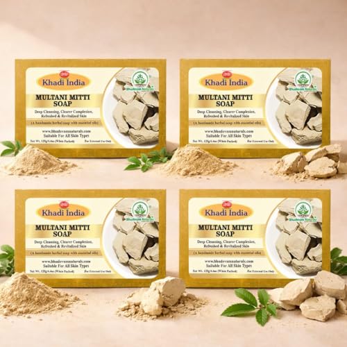Image of Khadi Organic and Natural Multani Mitti Soap for Oily & Acne-Prone Skin | Deep Cleansing Herbal Bathing Bar with Fuller's Earth By Bhudevam Naturals | Suitable for All Skin Types (Pack of 4)