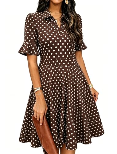 Image of Mokayee Womens Summer Ruffle Sleeve Collared V Neck Fit and Flare Elegant A line Swing Dresses with Pockets
