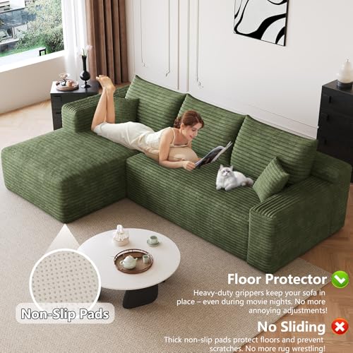 Image of 95 inch Modular Sectional Sofa, Modern Corduroy Cloud Couch with Side Pockets, Boneless Couch Upholstered 3-Seater L-Shaped Sofa for Living Room, No Assembly Required (Green,Left-Facing Chaise)