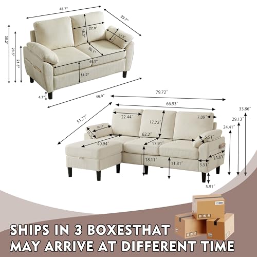 Image of 79.72 inch 3 Piece Corduroy Sofa Set with Storage Ottoman & Loveseat, L Shaped Sectional Couch with Side Pockets, Convertible Living Room Furniture Set for Small Space