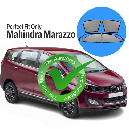 Image of AutoStory Magnetic Car Sunshade for Mahindra Marazzo | Front Half Cut for Mirror Visibility + Rear Full Coverage with Zipper | Heavy Heat & UV Protection | Privacy Side Window Curtains Shades
