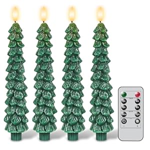 GenSwin Christmas Tree Flameless Taper Candles with Remote Timer, Christmas LED Taper Candles with 3D Flame, 4 Pcs Green LED Candlesticks for Christmas Home Decoration(0.78” x 9.8”)