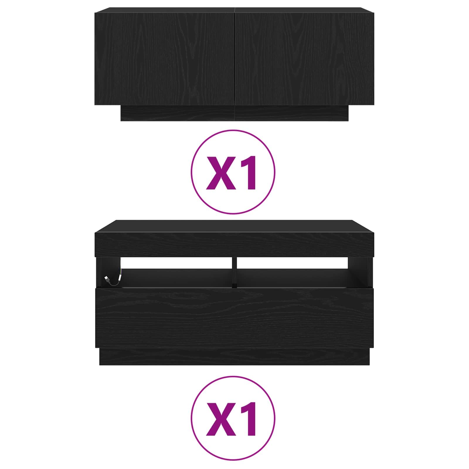 Set mobile TV nero in legno ingegnerizzato con 2 pezzi, design moderno con ripiani, porte a filo, strisce LED USB, ideale per soggiorno e supporto televisore