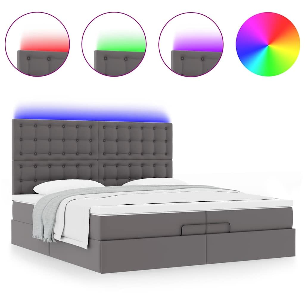 Letto a pouf con materassi e LED, grigio, 200 x 200 cm, in ecopelle, design moderno, con sistema di sollevamento idraulico, per camera da letto e camera degli ospiti