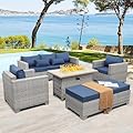 WAROOM Patio Furniture Set 6 Piece Grey Wicker Outdoor Furniture Patio Sectional Sofa Couch PE Rattan Conversation Sets with Fire Pit Table, Blue Cushion