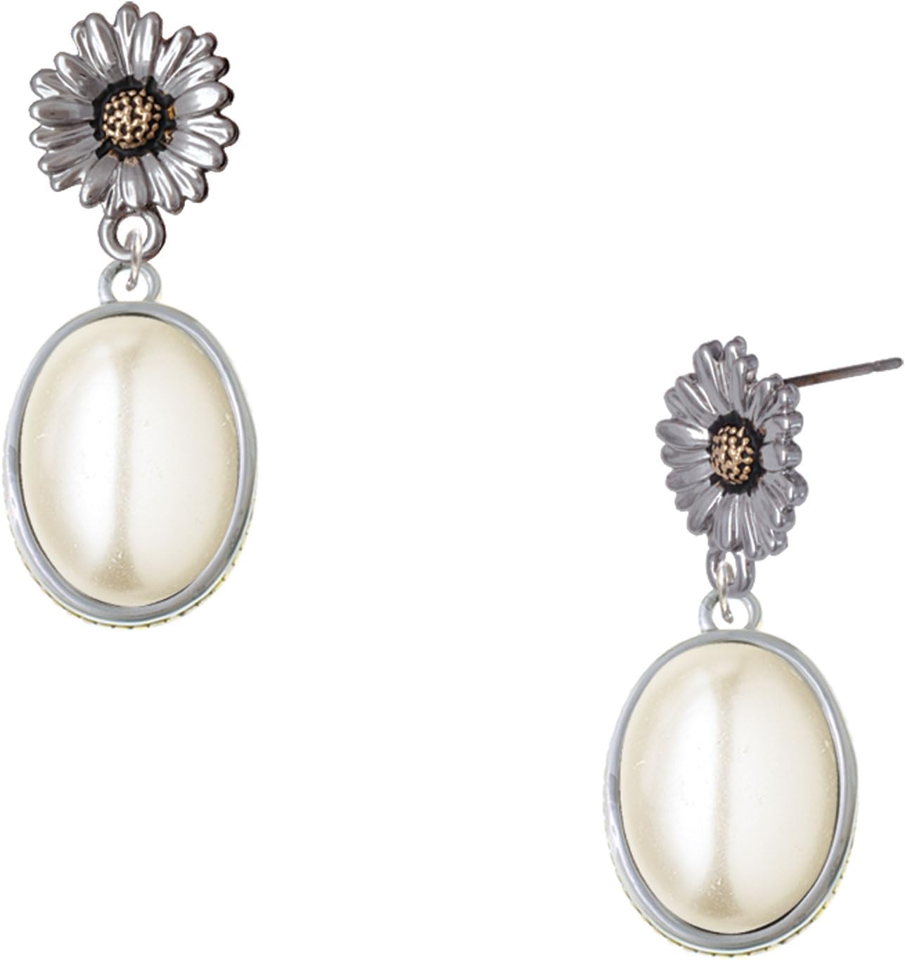 Delight Jewelry Silvertone Small Oval Cabochon Two-tone Daisy Flower Post Earrings