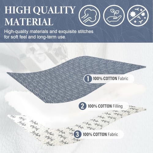 SahSahCasa Quilt Set Queen Size, 100% Cotton Quilt Bedding Set Bedspread, Botanical Pattern Solid Color Chic Lightweight Quilted Comforter for Queen Bed, White/Grayish-Blue, All Season, 3 Pieces by SahSahCasa - Used condition - Image 6