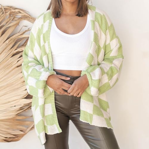 Image of Womens Checkered Cardigan Sweater Loose Long Sleeve Open Front Sweater Knit Coat Casual Oversized Plaid Cardigan Tops