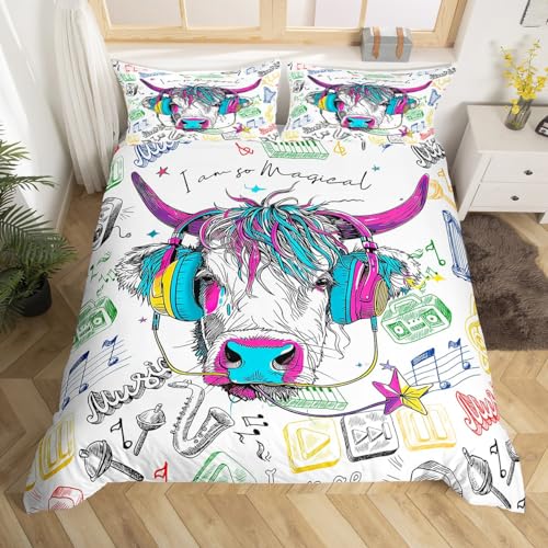 Erosebridal Highland Cow Bedding Set Bull Cattle with Headphones Duvet Cover Twin,Boys Hippie Music Farm Animals Comforter Cover Set,Western Animals Wildlife Bed Set Cowboys Room Decor