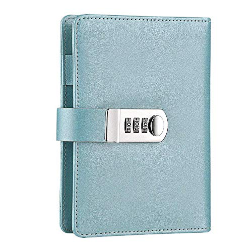 Abschließbares Notizbuch, nachfüllbar, PU-Leder, Tagebücher, Passwort, Planer, Organizer, A6, liniert, Notizblock, persönliches Skizzenbuch mit Schloss und Stifthalter, Hellblau Cover