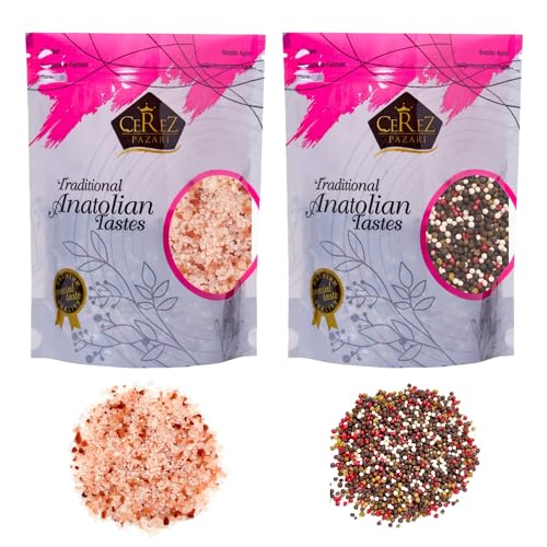 Cerez Pazari Rainbow Peppercorn Blend 200g and Himalayan Pink Salt (Coarse Grain) 650g Whole Black Pink Green White Color Pepper For Grinders Refills