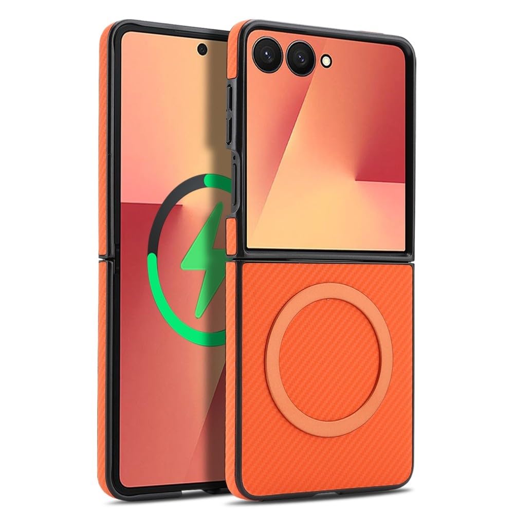 Generic Étui compatible avec Samsung Galaxy Z Flip 8 (couleur : orange) coque arrière rigide en cuir à motif en fibre de carbone magnétique