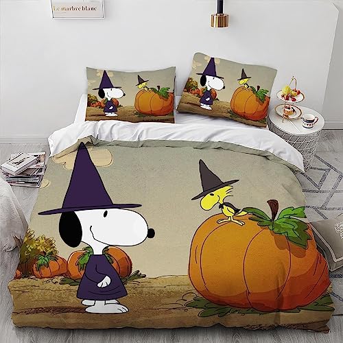 EVURU Snopy Nosy Dog Woodstock Charlie Juego de ropa de cama de 3 piezas, de microfibra, funda nórdica y dos fundas de almohada, juego de cama con estampado 3D, individual, 135 x 200 cm + 80 x 80 cm