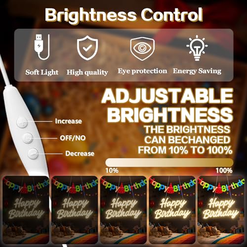 Image of Happy Birthday Neon Sign for Wall Decor - LED Happy Birthday Light Up Sign with Party Flags, USB Powered Dimmable Neon Word Light for Party Backdrop Cake Table, Warm White
