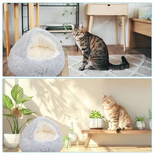 Toyhood Kleines Flauschiges Katzenbett mit Kapuze, Beruhigendes Höhlenbett für Haustiere, Runde Wärmende Haustierbetten, rutschfeste Unterseite, Schlafkissen für Welpen und Kätzchen im Winter (Grau)